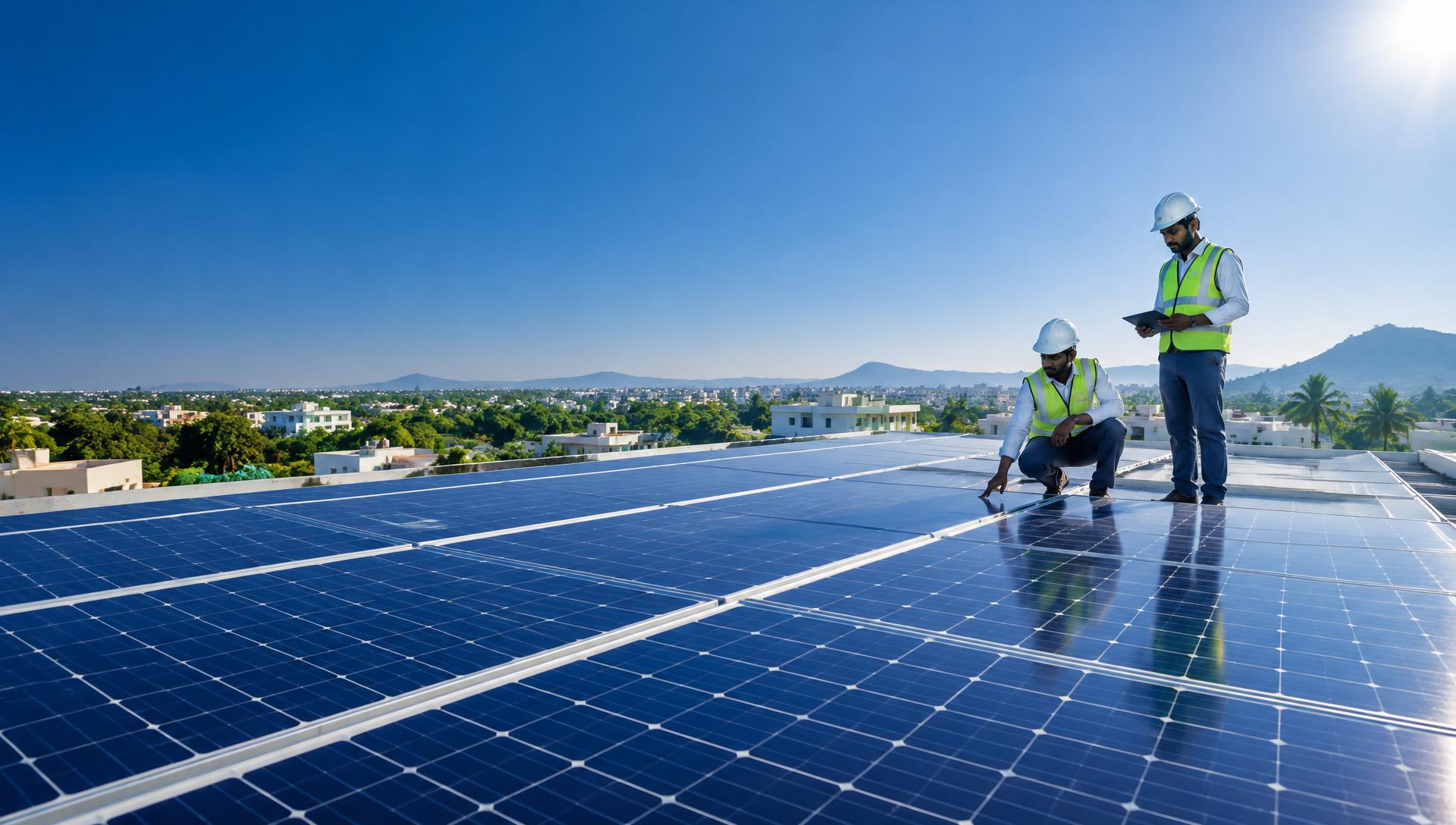 Solar professionals inspecting a large rooftop solar installation